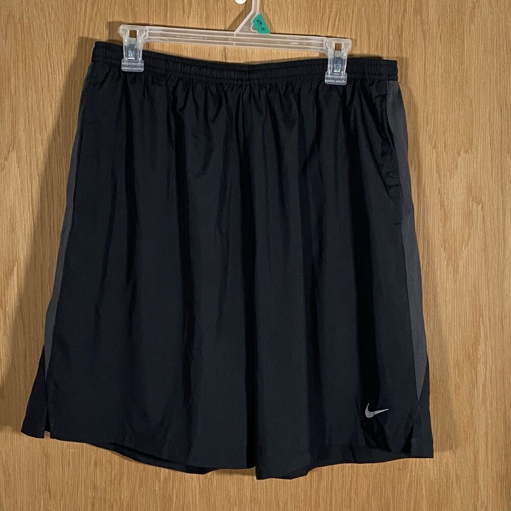 Nike Dri-Fit Men's XL Running Shorts Brief-Lined Black Swoosh Logo Pockets 9"